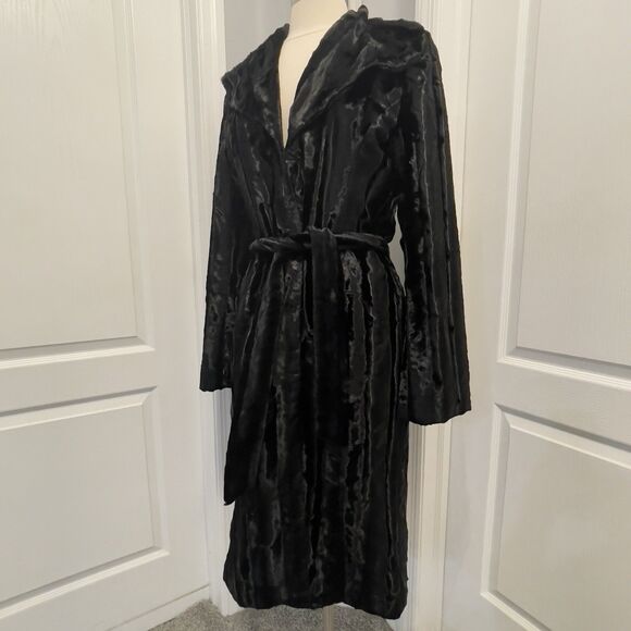 Vintage Guess Collection Long Vegan Fur Coat Women’s Medium Black Waist Belt USA - Picture 3 of 12